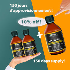 Promotional image showing liposomal vitamin C with glutathione bottles offering 150 days supply with 10% off discount offer