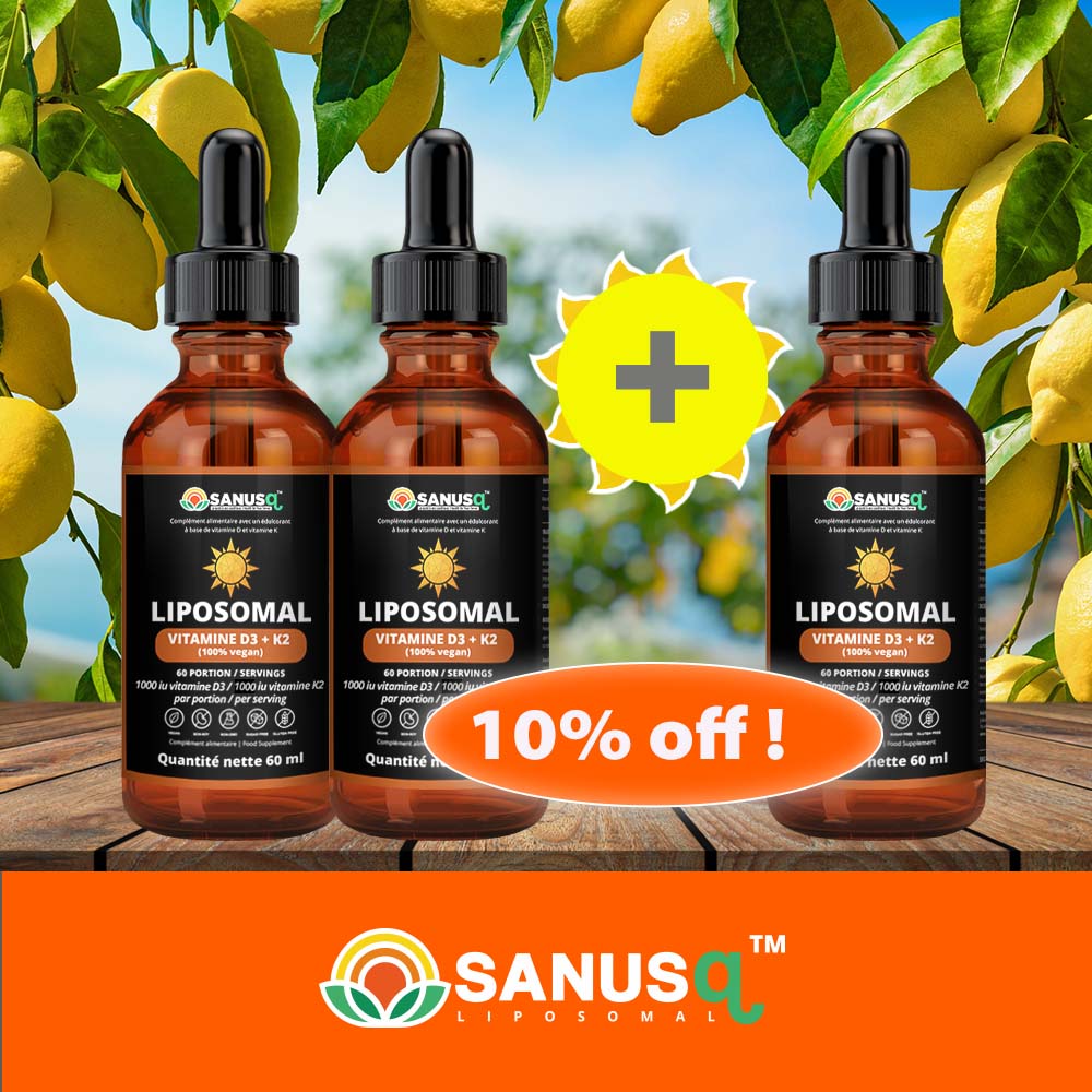 Promotional image showing liposomal vitamin D3+K2 dropper bottles with 10% off discount offer and fresh lemon citrus background