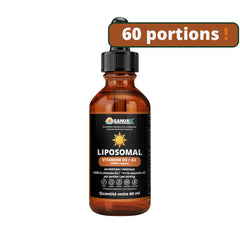 Flacon de vitamine D3 + K2 liposomale SANUSq avec une étiquette sur fond blanc