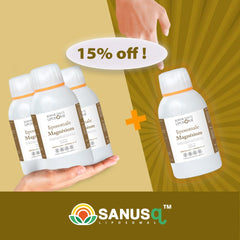 Promotional image showing liposomal magnesium supplement bottles with 15% off discount offer on golden sunburst background
