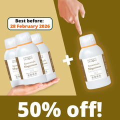 Promotional image of liposomal magnesium bottles with a hand pointing to one bottle, best before date displayed, and 50% off text.